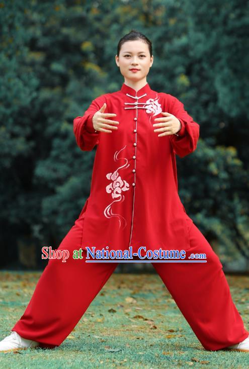 Chinese Tai Ji Chuan Printing Red Outfits Tai Chi Group Competition Clothing Martial Arts Kungfu Performance Garments