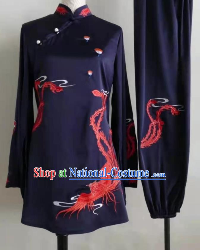 Chinese Martial Arts Navy Outfits Wushu Competition Embroidered Phoenix Clothing Kung Fu Tai Chi Performance Suits