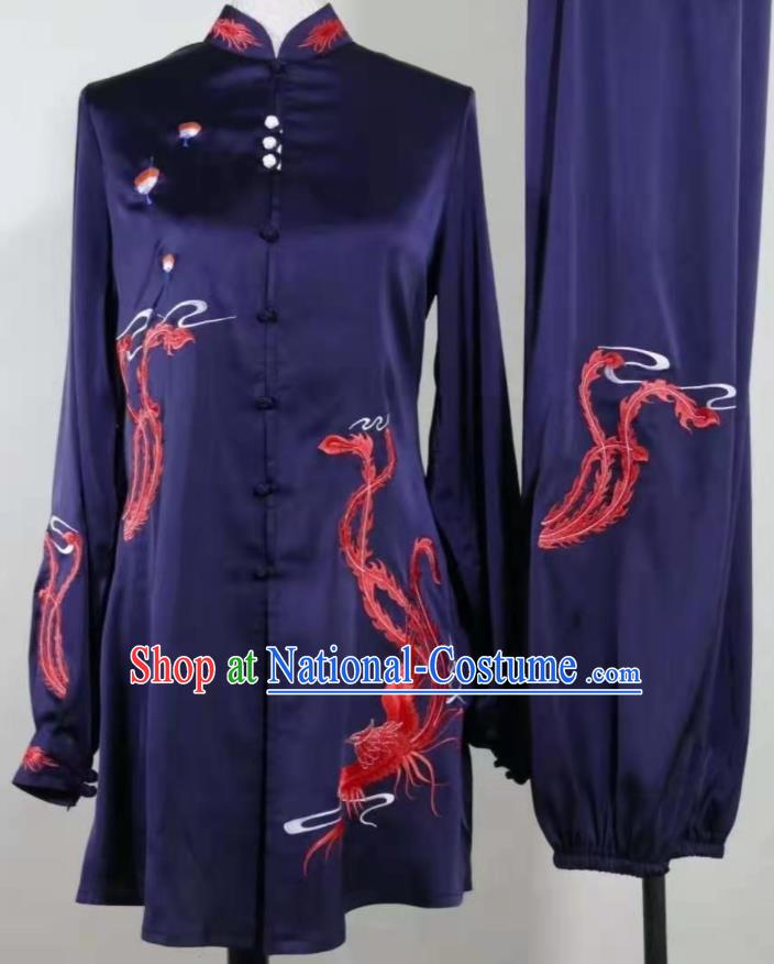 Chinese Wushu Competition Embroidered Phoenix Clothing Kung Fu Tai Chi Performance Suits Martial Arts Navy Outfits