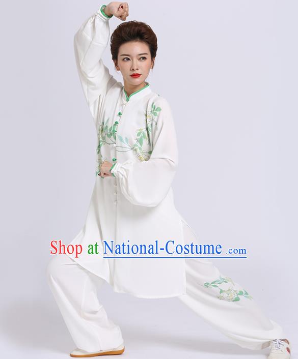 Chinese Martial Arts Printing Flowers White Outfits Kung Fu Tai Ji Competition Clothing Tai Chi Sword Performance Suits