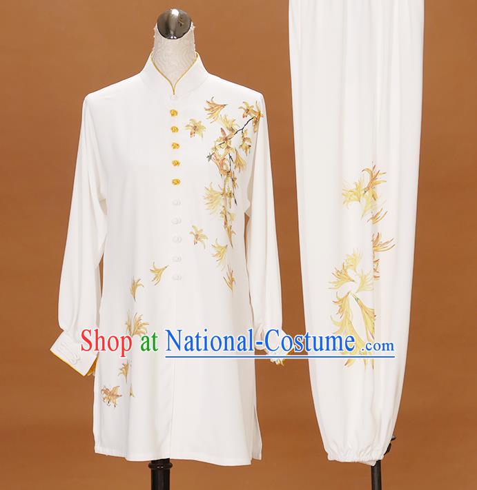 Chinese Tai Chi Sword Performance Suits Martial Arts Printing Maple Leaf White Outfits Kung Fu Tai Ji Competition Clothing