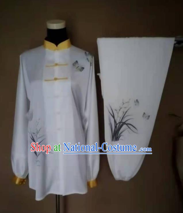 Chinese Martial Arts Competition White Outfits Kung Fu Tai Ji Printing Orchids Clothing Tai Chi Sword Performance Suits