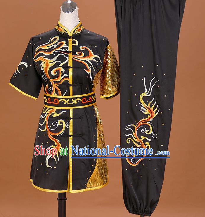 China Martial Arts Garment Costumes Kung Fu Tai Ji Performance Suits Wushu Competition Embroidered Black Uniforms