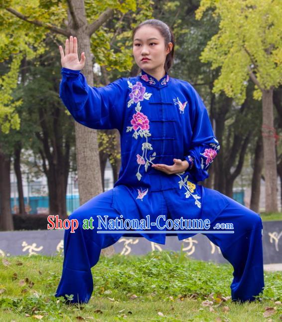 Chinese Martial Arts Competition Royalblue Outfits Kung Fu Tai Ji Embroidered Peony Clothing Tai Chi Sword Performance Suits