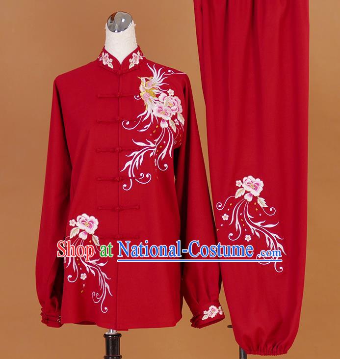 Chinese Martial Arts Competition Embroidered Phoenix Red Outfits Tai Ji Training Clothing Tai Chi Sword Performance Suits