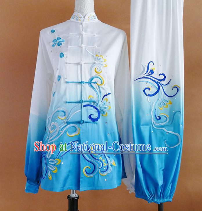 Chinese Wushu Competition Clothing Kung Fu Tai Chi Performance Gradient Blue Suits Martial Arts Embroidered Outfits