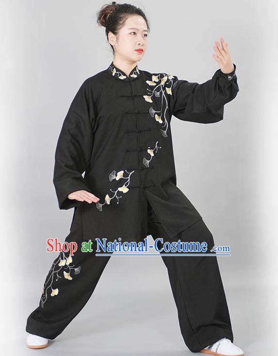 Chinese Martial Arts Competition Embroidered Ginkgo Leaf Outfits Kung Fu Tai Ji Training Clothing Tai Chi Performance Black Suits