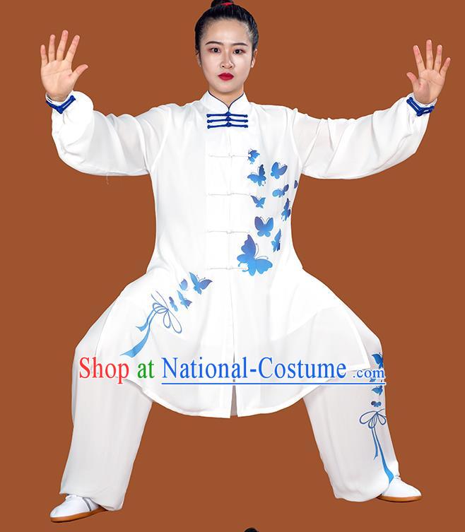 Chinese Tai Chi Performance White Suits Martial Arts Competition Printing Butterfly Outfits Kung Fu Tai Ji Training Clothing