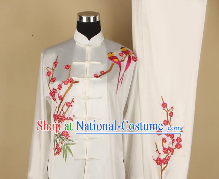 Chinese Kung Fu Tai Ji Training Clothing Tai Chi Performance White Suits Martial Arts Competition Embroidered Plum Outfits