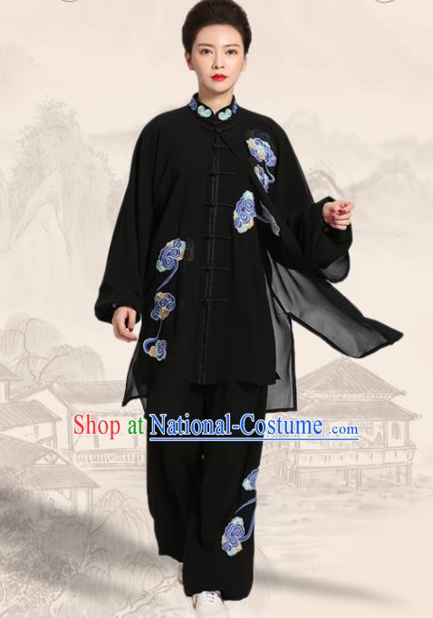 Chinese Martial Arts Competition Embroidered Clouds Outfits Kung Fu Tai Ji Training Clothing Tai Chi Performance Black Suits