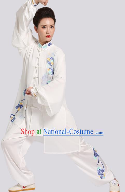 Chinese Kung Fu Tai Ji Training Clothing Tai Chi Performance White Suits Martial Arts Competition Embroidered Clouds Outfits