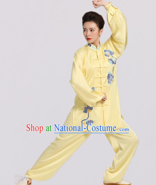 Chinese Martial Arts Embroidered Clouds Outfits Kung Fu Tai Ji Training Clothing Tai Chi Competition Yellow Suits