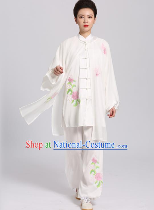 Chinese Kung Fu Tai Ji Training Clothing Tai Chi Competition White Suits Martial Arts Embroidered Chrysanthemum Outfits