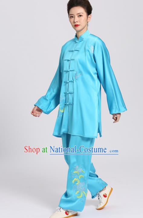 Chinese Martial Arts Embroidered Chrysanthemum Outfits Kung Fu Tai Ji Training Clothing Tai Chi Competition Blue Suits