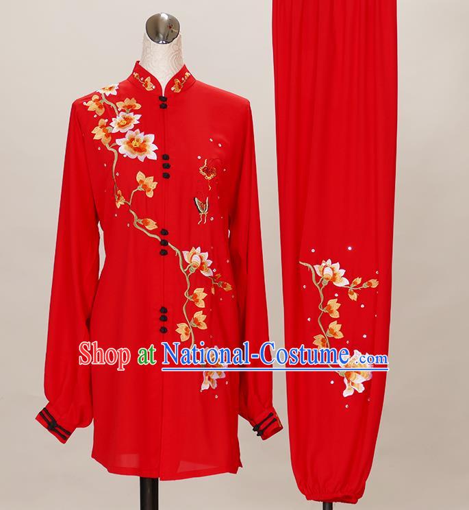 Chinese Kung Fu Wushu Competition Clothing Tai Chi Performance Red Suits Martial Arts Embroidered Mangnolia Outfits