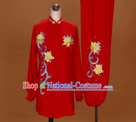 Chinese Martial Arts Embroidered Peony Outfits Kung Fu Wushu Competition Clothing Tai Chi Performance Red Suits