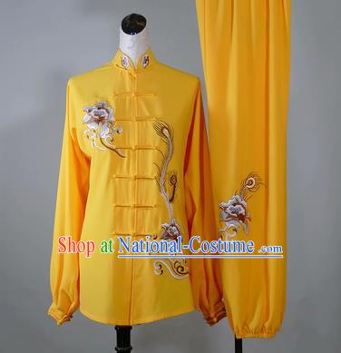 Chinese Tai Chi Performance Yellow Suits Martial Arts Embroidered Peony Outfits Kung Fu Wushu Competition Clothing