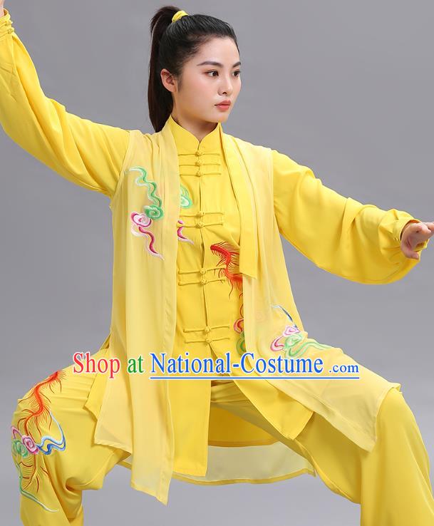 Chinese Martial Arts Performance Three Piece Garments Tai Ji Chuan Embroidered Phoenix Yellow Outfits Tai Chi Kung Fu Competition Clothing