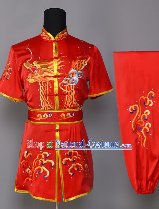 China Southern Boxing Garment Costumes Wushu Competition Embroidered Dragon Red Uniforms Martial Arts Clothing Kung Fu Performance Suits