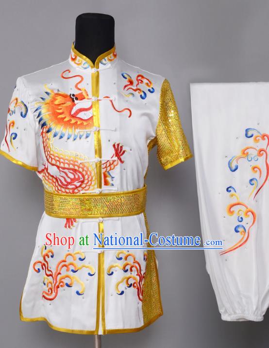 China Kung Fu Performance Suits Southern Boxing Garment Costumes Wushu Competition Embroidered Dragon White Uniforms Martial Arts Clothing