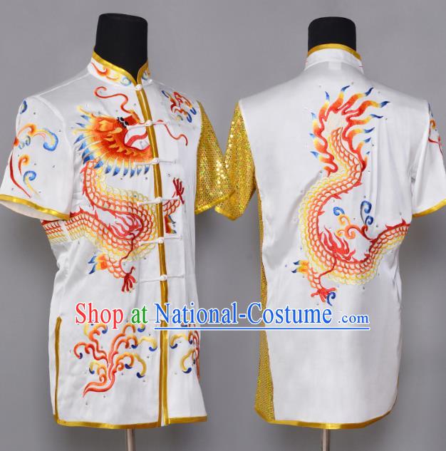 China Kung Fu Performance Suits Southern Boxing Garment Costumes Wushu Competition Embroidered Dragon White Uniforms Martial Arts Clothing