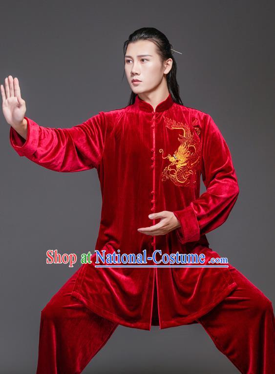 China Tai Ji Performance Embroidered Dragon Red Velvet Suits Tai Chi Garment Costumes Wushu Training Uniforms Martial Arts Clothing