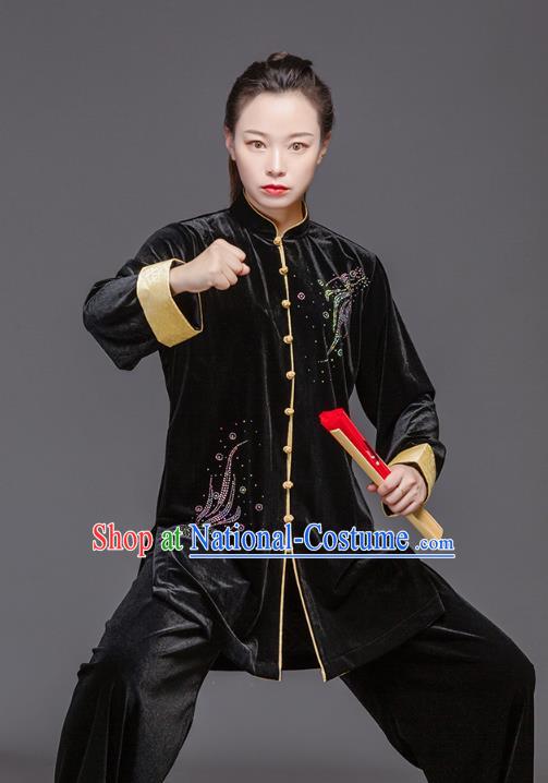 Chinese Tai Ji Performance Black Pleuche Outfits Tai Chi Clothing Martial Arts Garment Kung Fu Competition Suits