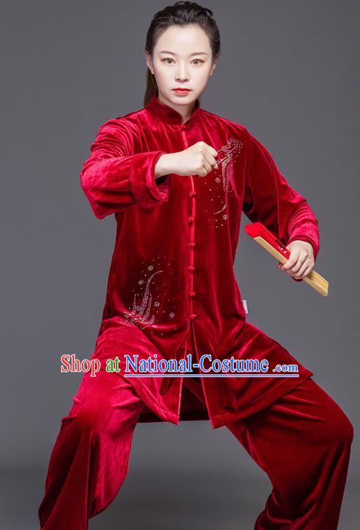 Chinese Kung Fu Competition Suits Tai Ji Performance Red Pleuche Outfits Tai Chi Clothing Martial Arts Garment