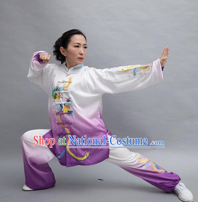 Chinese Tai Chi Performance Garment Costume Kung Fu Competition Suits Martial Arts Embroidered Phoenix Purple Outfits