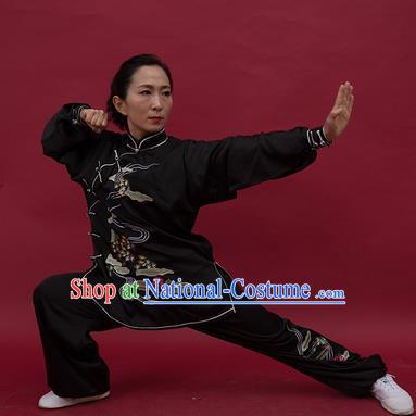 Chinese Martial Arts Embroidered Black Outfits Tai Chi Performance Garment Costume Kung Fu Wing Chun Competition Suits