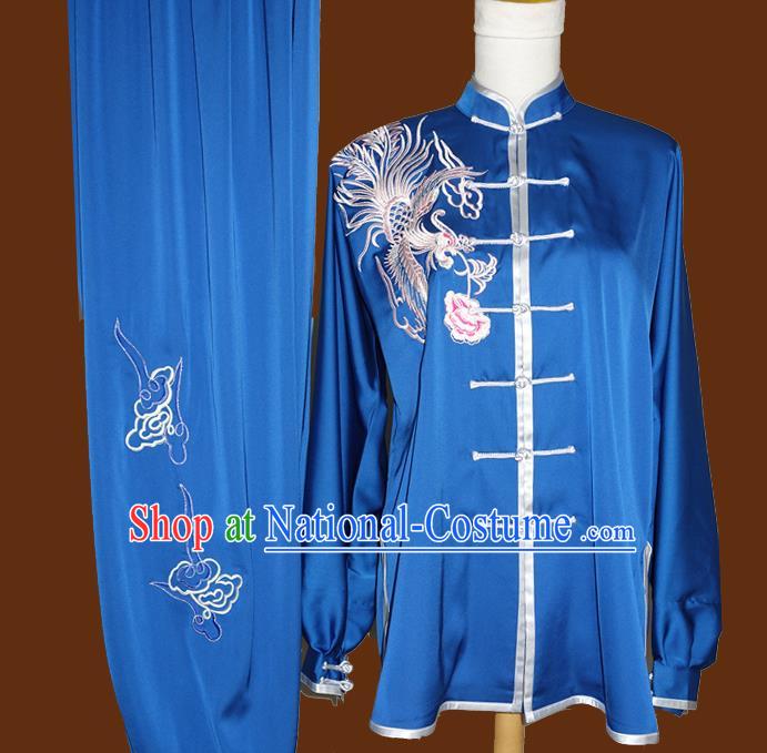 Chinese Kung Fu Wing Chun Competition Suits Martial Arts Embroidered Phoenix Royalblue Outfits Tai Chi Performance Garment Costume