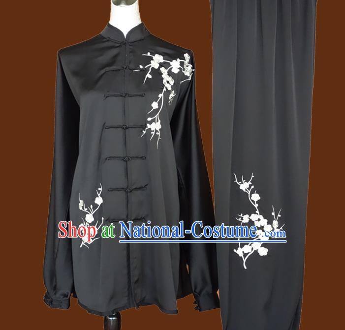 Chinese Tai Chi Garment Costume Kung Fu Wing Chun Competition Suits Martial Arts Embroidered Plum Black Outfits