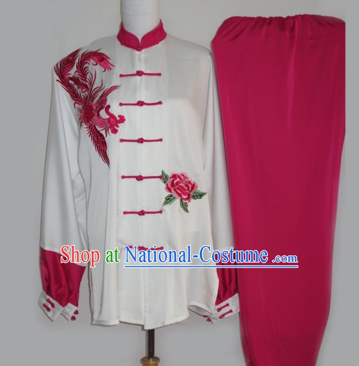 Chinese Martial Arts Embroidered Phoenix Rosy Outfits Tai Chi Garment Costume Kung Fu Tai Ji Competition Suits