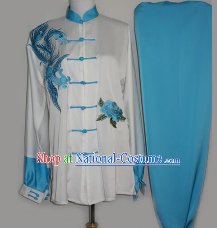 Chinese Kung Fu Tai Ji Competition Suits Martial Arts Embroidered Phoenix Blue Outfits Tai Chi Garment Costume