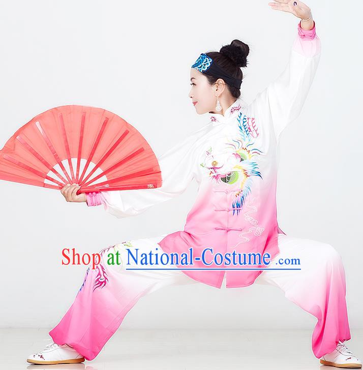 Chinese Martial Arts Embroidered Phoenix Pink Outfits Tai Chi Competition Garment Costume Kung Fu Tai Ji Performance Suits