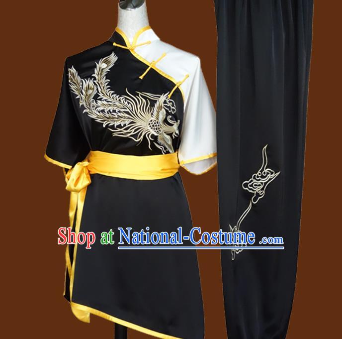 Chinese Martial Arts Embroidered Phoenix Black Outfits Wushu Competition Garment Costume Kung Fu Tai Chi Performance Suits