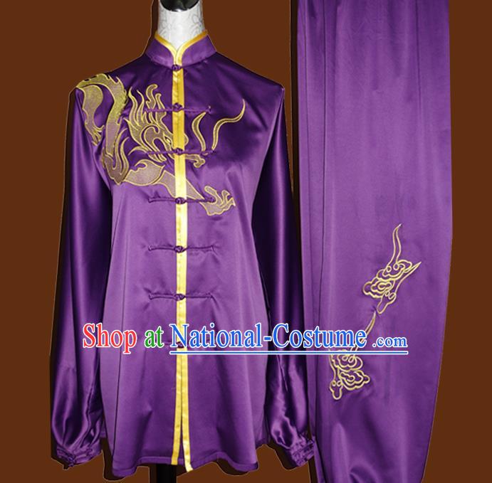 China Kung Fu Competition Purple Uniforms Tai Chi Garment Costumes Tai Ji Chuan Training Embroidered Dragon Suits