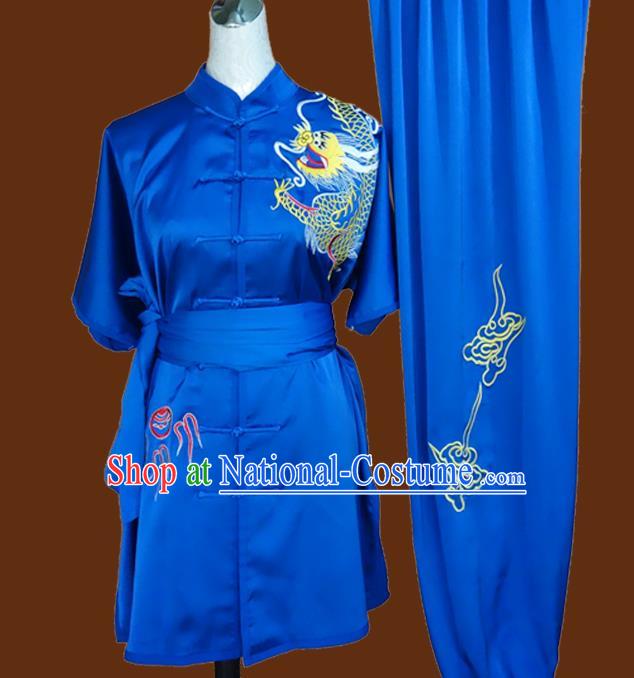 China Tai Chi Garment Costumes Wu Shu Training Embroidered Dragon Suits Kung Fu Competition Blue Uniforms