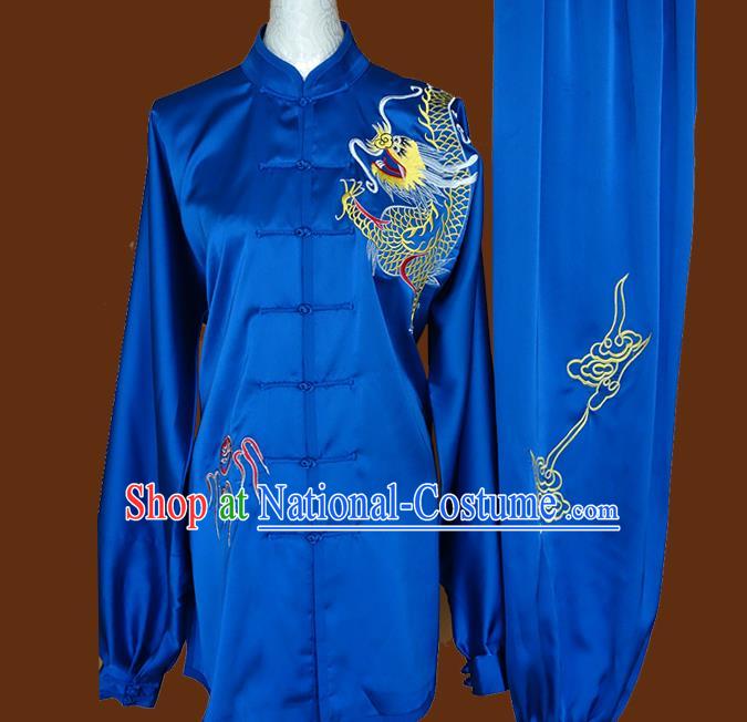 China Kung Fu Competition Blue Uniforms Tai Chi Group Performance Garment Costumes Wu Shu Embroidered Dragon Suits