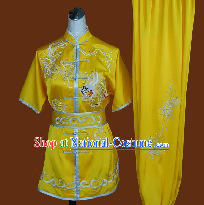 China Wu Shu Embroidered Dragon Yellow Suits Kung Fu Competition Uniforms Martial Arts Performance Garment Costumes