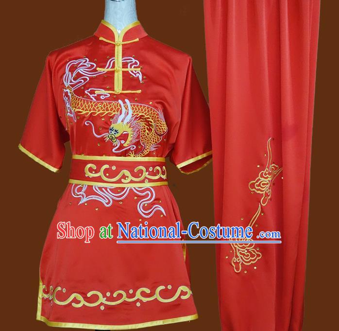 China Martial Arts Performance Garment Costumes Wu Shu Embroidered Dragon Red Suits Kung Fu Competition Uniforms