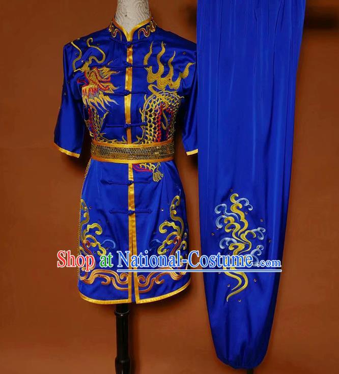 China Martial Arts Embroidered Dragon Garment Costumes Wu Shu Chang Boxing Suits Kung Fu Competition Royalblue Uniforms