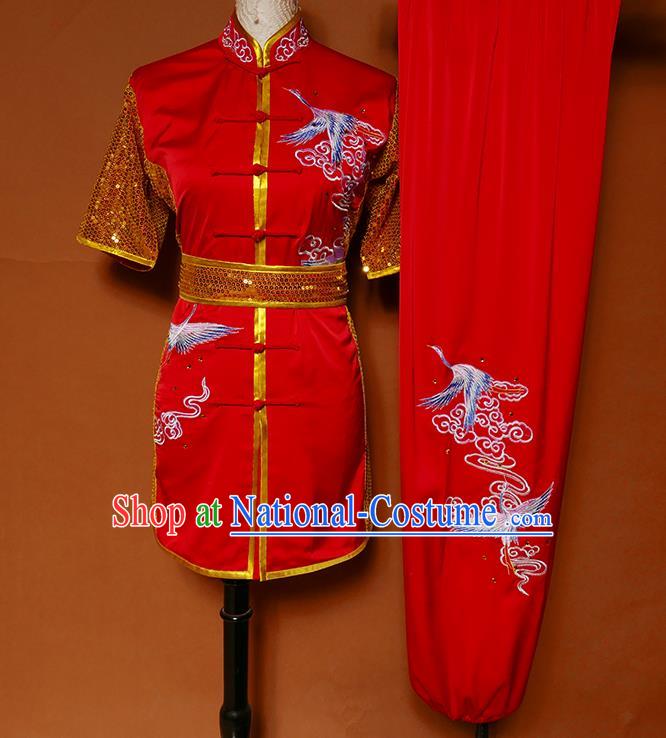 China Wu Shu Chang Boxing Embroidered Red Suits Kung Fu Uniforms Martial Arts Competition Garment Costumes