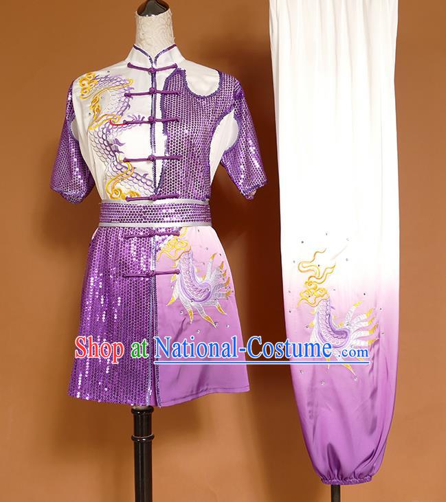 China Kung Fu Competition Purple Uniforms Martial Arts Garment Costumes Wu Shu Chang Boxing Embroidered Dragon Suits