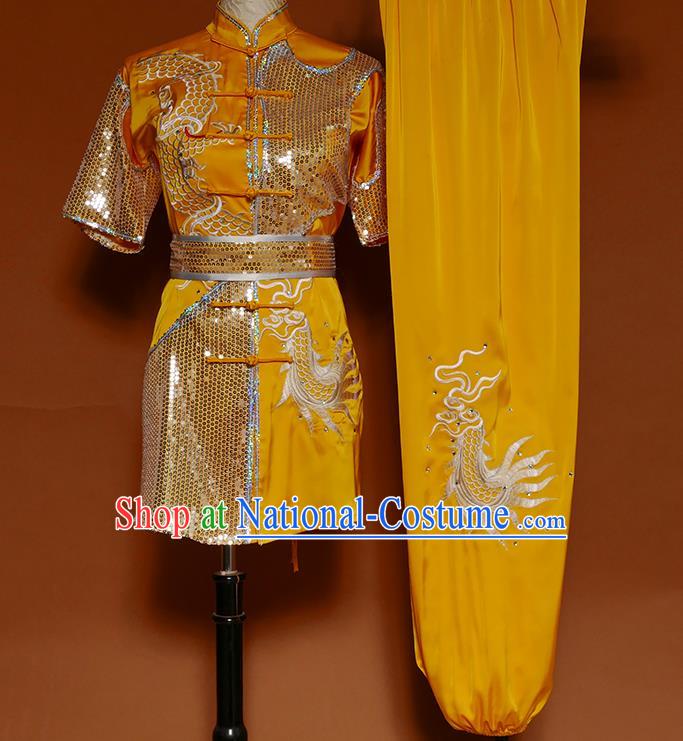 China Wu Shu Chang Boxing Golden Sequins Suits Kung Fu Competition Uniforms Martial Arts Embroidered Garment Costumes