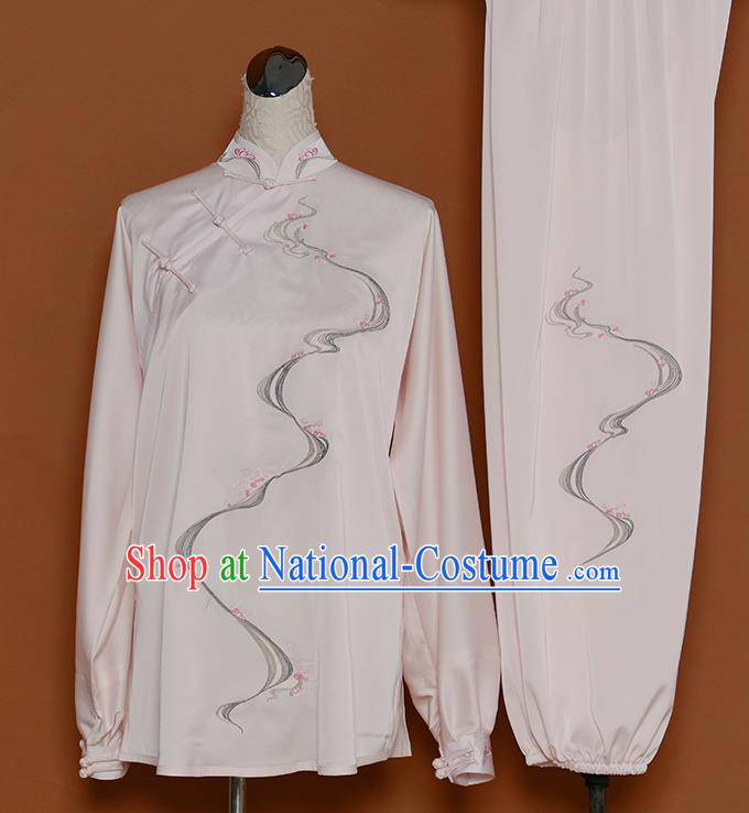 Chinese Tai Chi Competition Light Pink Suits Martial Arts Embroidered Outfits Kung Fu Tai Ji Training Clothing