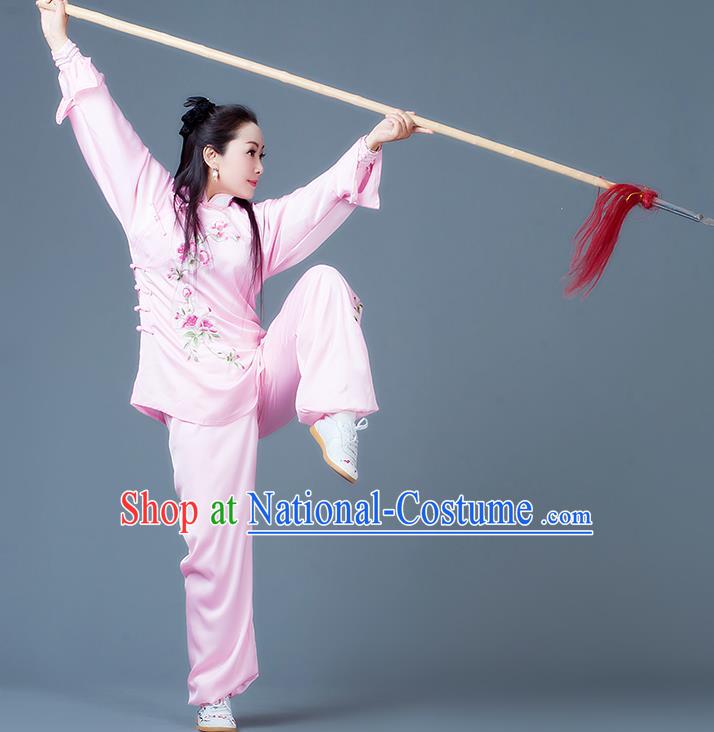 China Wushu Martial Arts Competition Suits Tai Chi Spear Training Embroidered Clothing Kung Fu Performance Pink Outfits