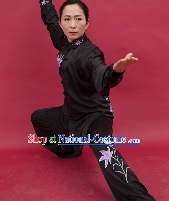 China Kung Fu Performance Black Outfits Wushu Martial Arts Competition Suits Tai Chi Spear Training Embroidered Lily Flowers Clothing