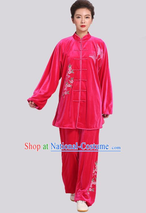 Chinese Kung Fu Tai Ji Training Clothing Tai Chi Competition Rosy Velvet Suits Martial Arts Embroidered Outfits