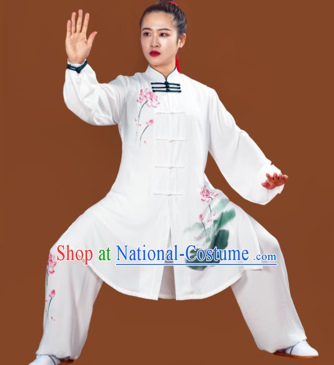 China Martial Arts Tai Ji Competition Suits Tai Chi Training Painting Lotus Clothing Kung Fu Performance White Outfits